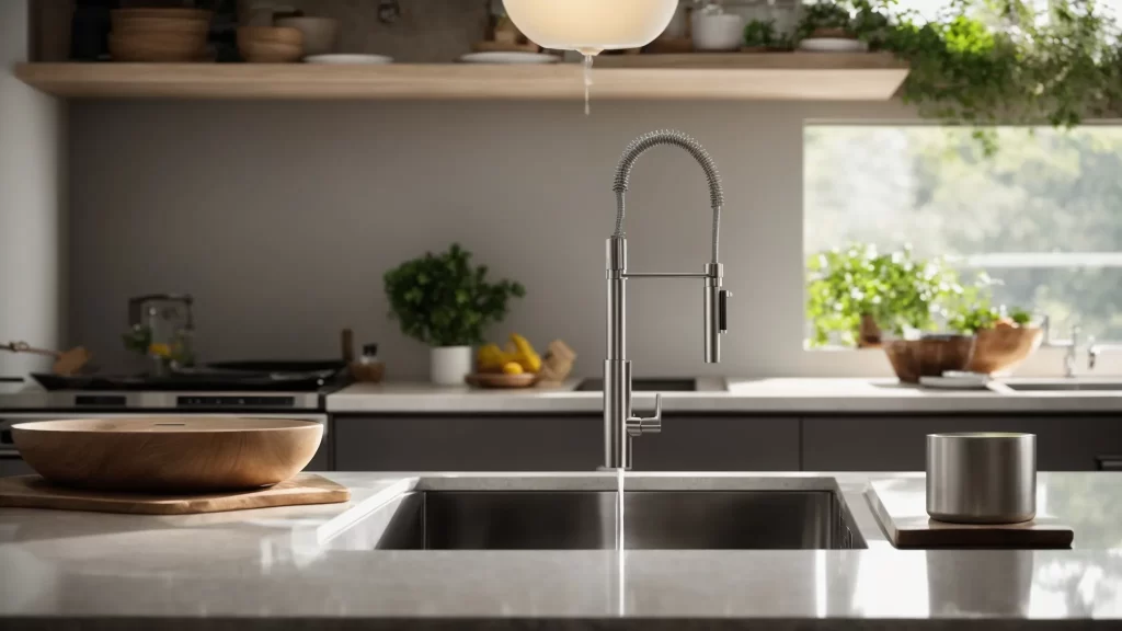 a polished kitchen showcases a gleaming new faucet, symbolizing the transformative impact of professional plumbing services on water efficiency and home functionality.