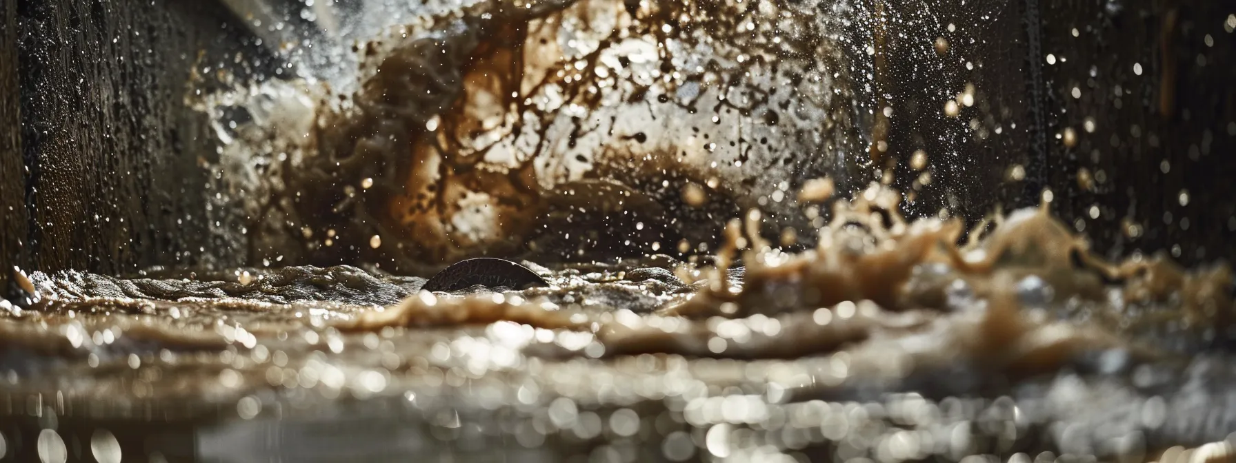 a powerful, close-up shot captures a technician expertly managing a swirling torrent of murky water and debris emerging from a recently cleared sewer drain, highlighting the intense action and urgency of urban maintenance.