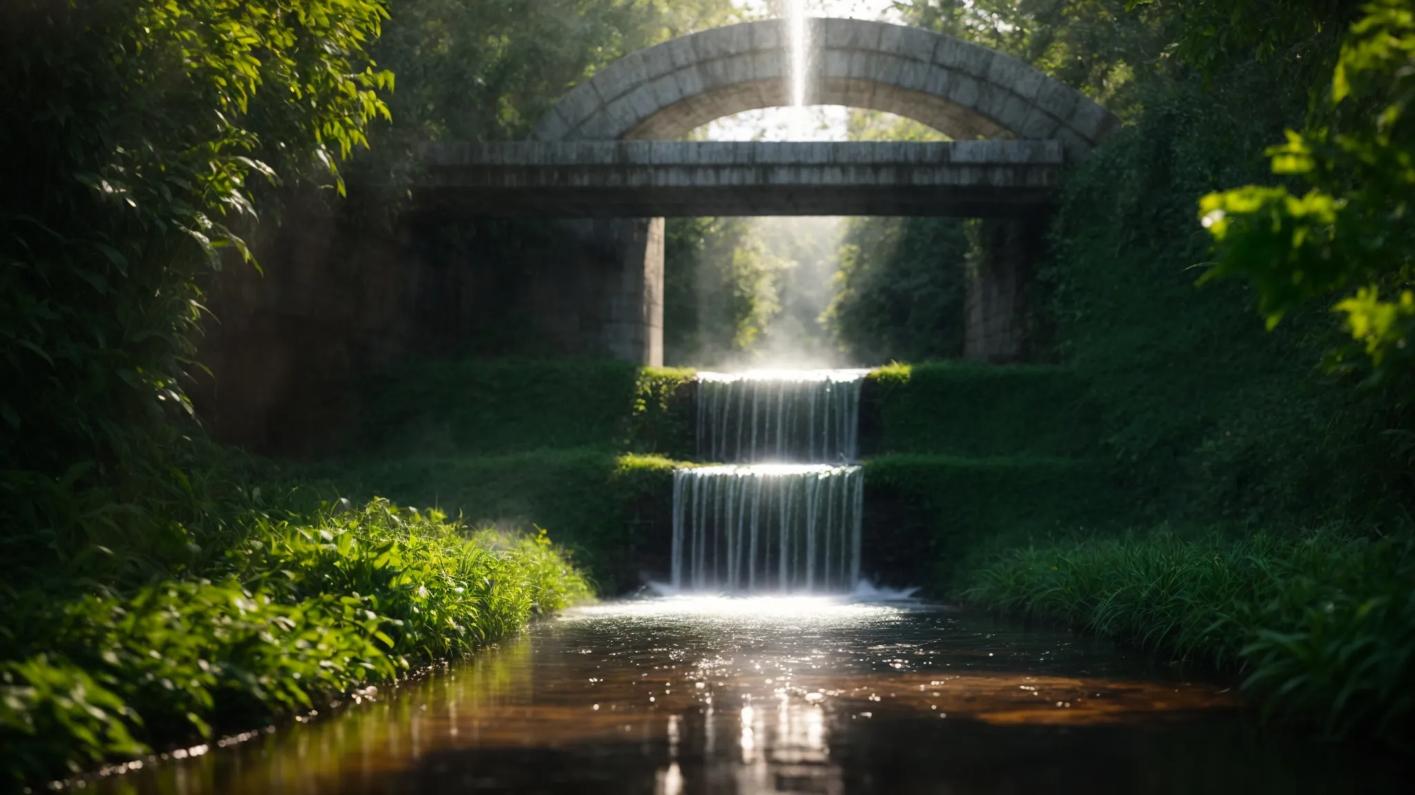 a powerful jet of water cascades through a gleaming metal sewer drain, surrounded by a vibrant green landscape, capturing the essence of efficient drain cleaning and revitalization.