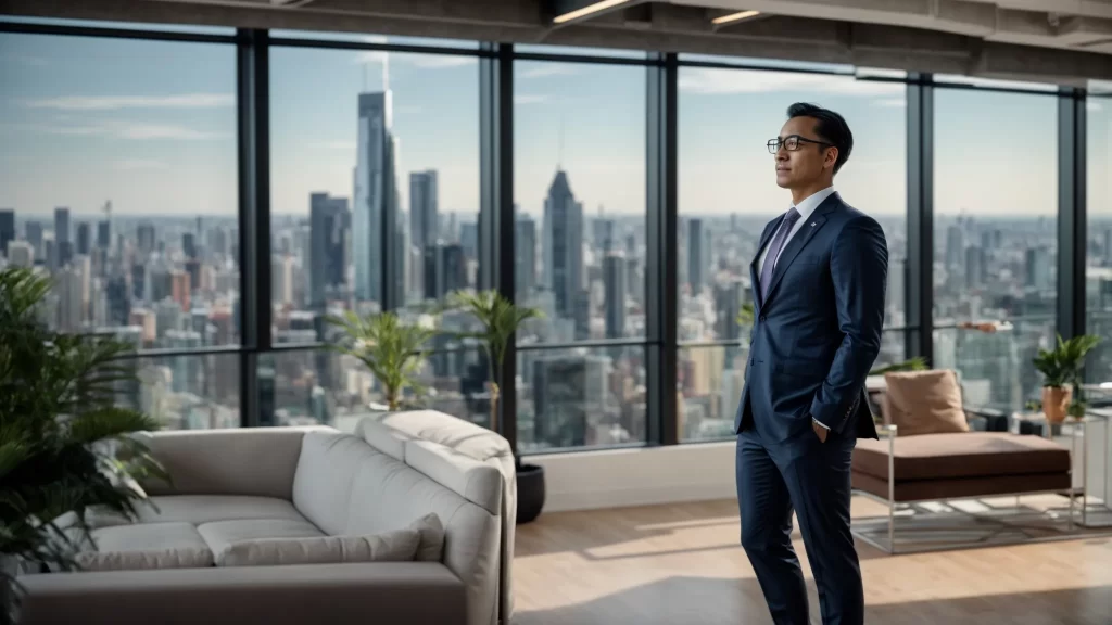 a professional real estate consultant stands confidently in a modern office, showcasing vibrant digital displays of properties, with a backdrop of city skyline windows that reflect a bright, optimistic future in the real estate journey.