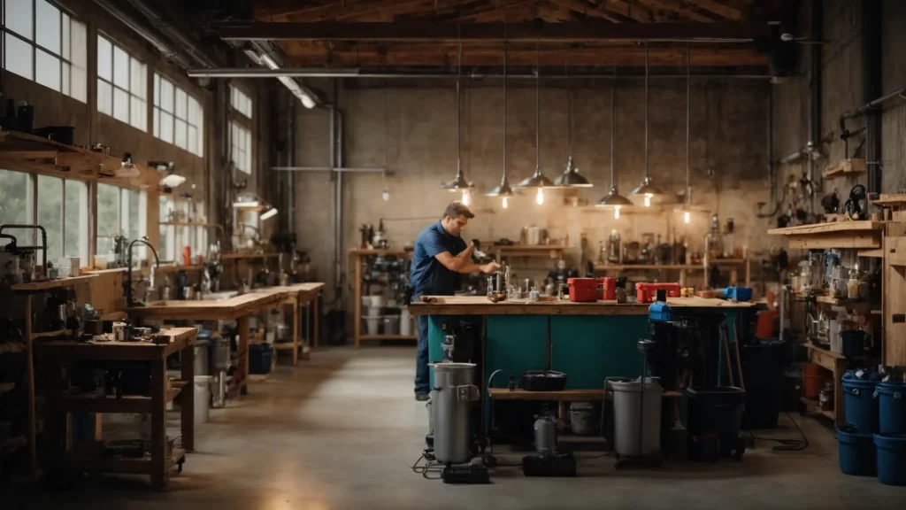 a radiant, well-lit plumbing workshop showcases a skilled plumber in action, surrounded by gleaming tools and a backdrop of satisfied customer testimonials, reflecting expertise and trust in urgent plumbing services.