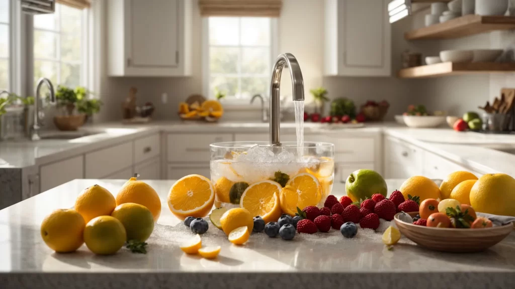 a serene kitchen scene bathed in natural light showcases a gleaming sink with overflowing, crystal-clear water, accompanied by an array of vibrant fruits and baking ingredients, symbolizing the freshness of regular drain maintenance.