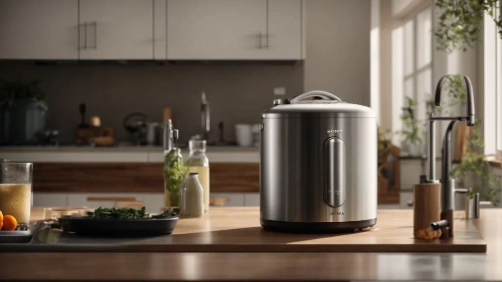 a serene kitchen scene showcases a gleaming, modern water heater, accompanied by an array of maintenance tools and flowing water, illuminated by soft, natural light, symbolizing reliability and efficiency in everyday life.