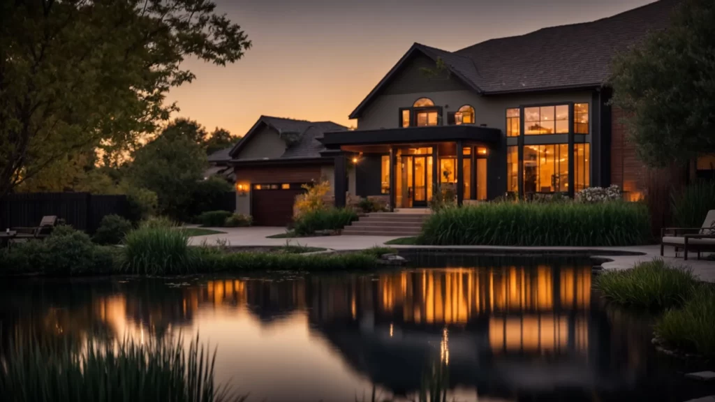 a serene orland park neighborhood showcases a vibrant sunrise reflecting off a tranquil pond, symbolizing the community’s resilience while navigating water supply challenges.