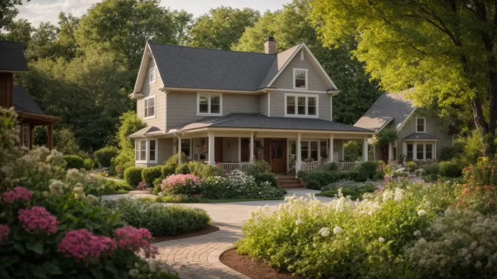 a serene village landscape in illinois, showcasing a charming home that exudes warmth and inviting character, surrounded by lush greenery and blooming flowers, symbolizing personalized real estate guidance tailored to the unique needs of home buyers.