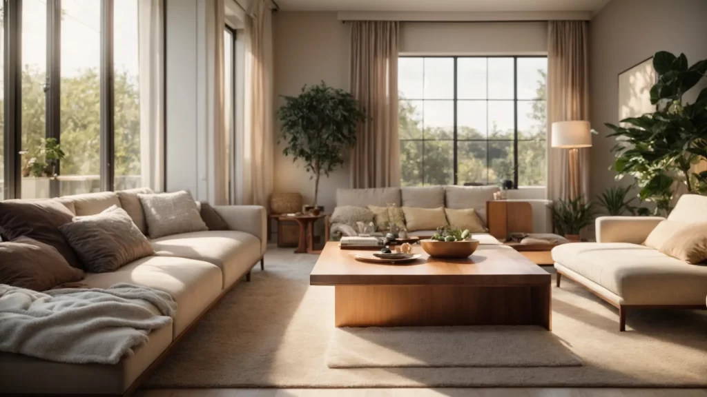 a serene, welcoming living room bathed in warm afternoon light, featuring a cozy sofa adorned with plush pillows and a neatly arranged coffee table, symbolizing the comfort and support of post-purchase homeownership services.