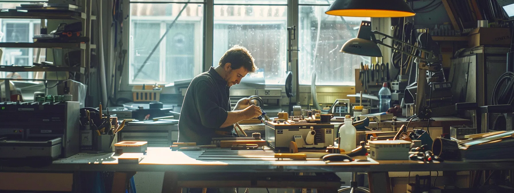 a skilled technician meticulously repairs a gleaming, intricate device in a bright workshop, surrounded by tools and illuminated by soft, natural light streaming through a large window.