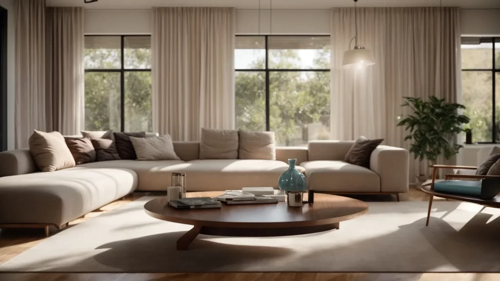 a sleek, modern living room showcases an inviting home, bathed in warm afternoon light, with a stylish coffee table displaying real estate documents and a laptop open to a competitive market analysis.