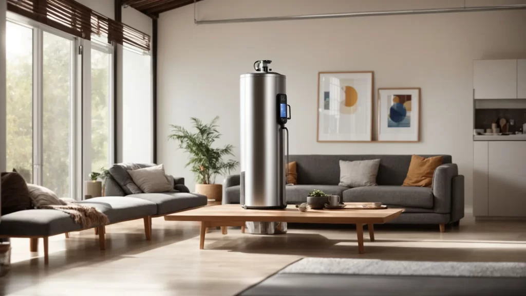 a sleek, modern water heater stands prominently in a well-lit home setting, symbolizing the clarity and reliability of warranty and support options available for homeowners.