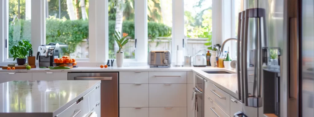 a sparkling, pristine kitchen showcases energy-efficient appliances in perfect harmony, illuminated by natural light streaming through large windows, emphasizing the pivotal role of clean plumbing in enhancing energy efficiency.