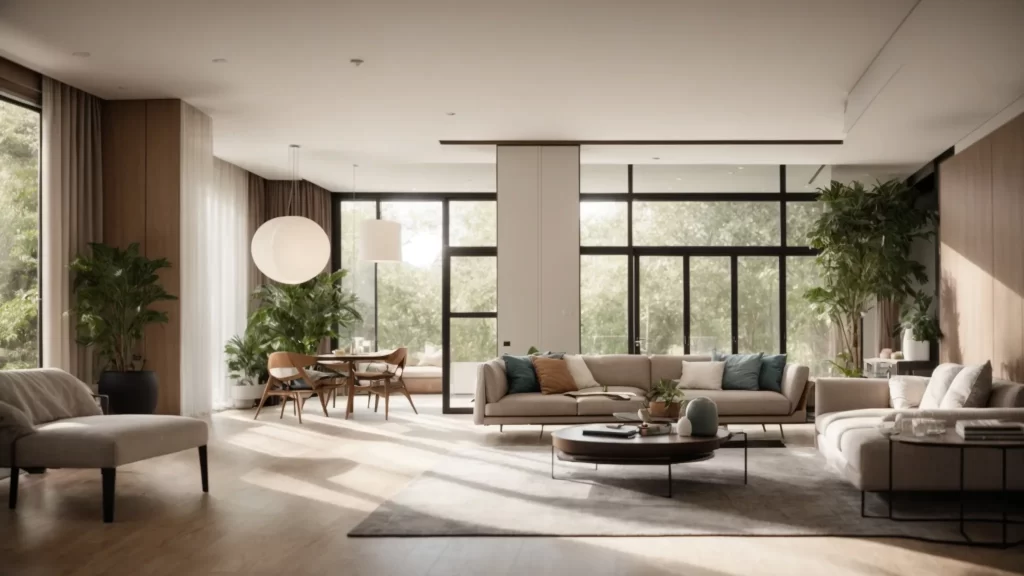 a striking interior of a modern realty home featuring spacious, sunlit rooms adorned with sleek furniture and soft textures, portraying an inviting atmosphere of comfort and contemporary elegance.