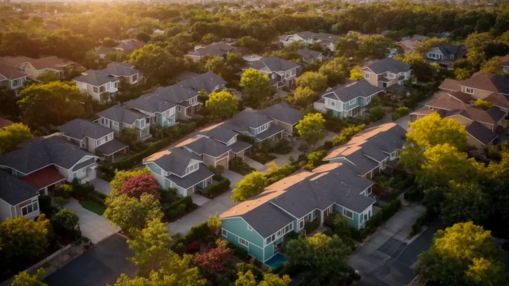 a stunning aerial view of a vibrant neighborhood, showcasing beautifully designed homes surrounded by lush greenery, illuminated by the warm glow of sunset to convey the thriving realty market and client satisfaction.