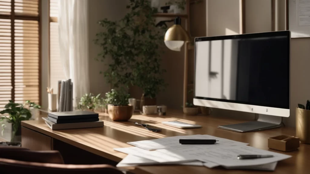 a thoughtfully arranged home office features a sleek desk with financial documents and a laptop, bathed in warm, natural light, symbolizing the journey of budgeting and financial planning for homeownership.