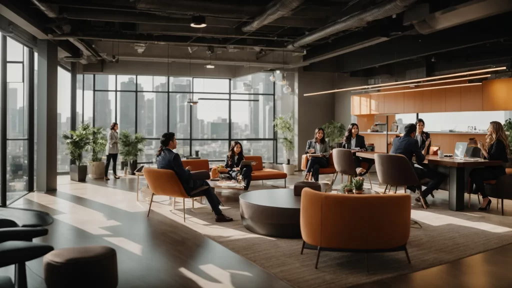 a vibrant, compelling interior photo capturing a diverse group of real estate agents engaged in a dynamic discussion in a modern office space, symbolizing the contrast between franchise and independent companies.