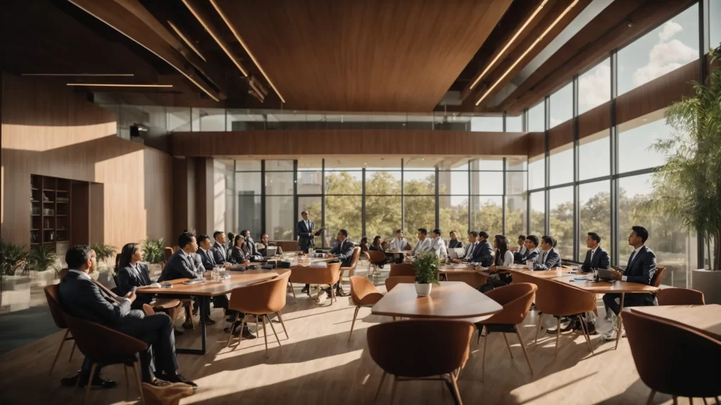 a vibrant conference room filled with real estate professionals engaged in dynamic discussions, showcasing innovative presentations on commercial property strategies, illuminated by natural light filtering through large windows.