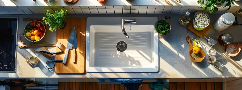 a vibrant kitchen scene showcases a pristine sink with a stylish drain cover, surrounded by neatly arranged tools for waste disposal and a visually striking educational chart on drain care, illuminated by warm, natural light to emphasize cleanliness and proactive maintenance.