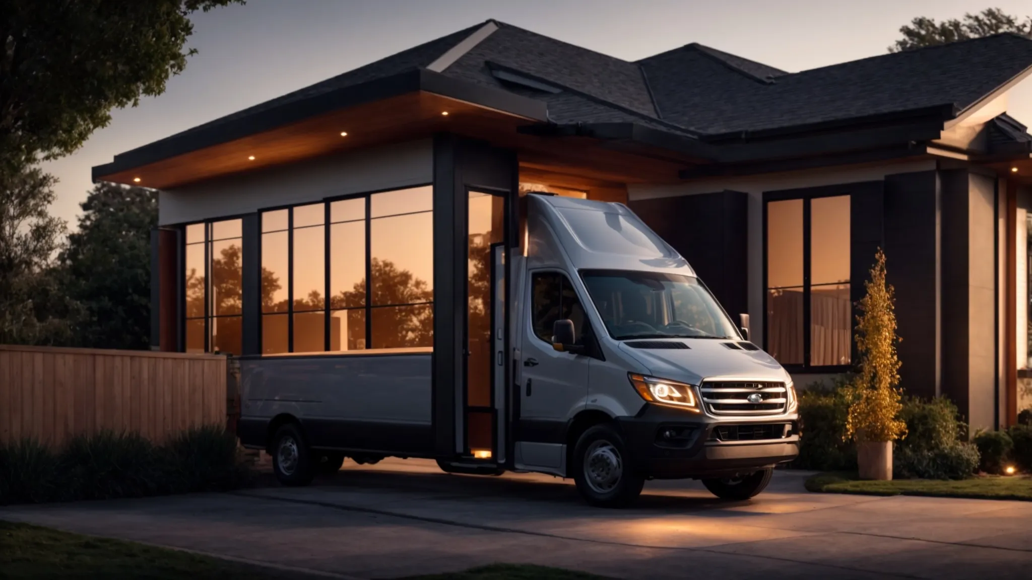 a vibrant, modern plumbing van stands in front of a sparkling clean home, illuminated by the late afternoon sun, showcasing the promise of exceptional same-day plumbing service.