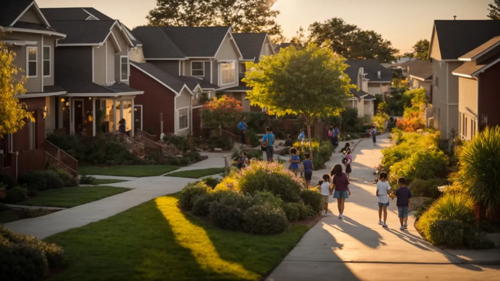 a vibrant neighborhood scene at sunset showcases families engaging in community activities, with well-maintained homes and a visible police presence, reflecting a sense of safety and unity among residents.