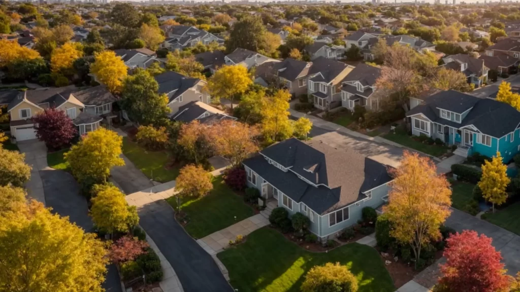 a vibrant neighborhood scene showcasing a diverse array of homes for sale, with well-maintained lawns and tidy streets bathed in warm afternoon sunlight, highlighting their appeal and inviting potential buyers to explore.