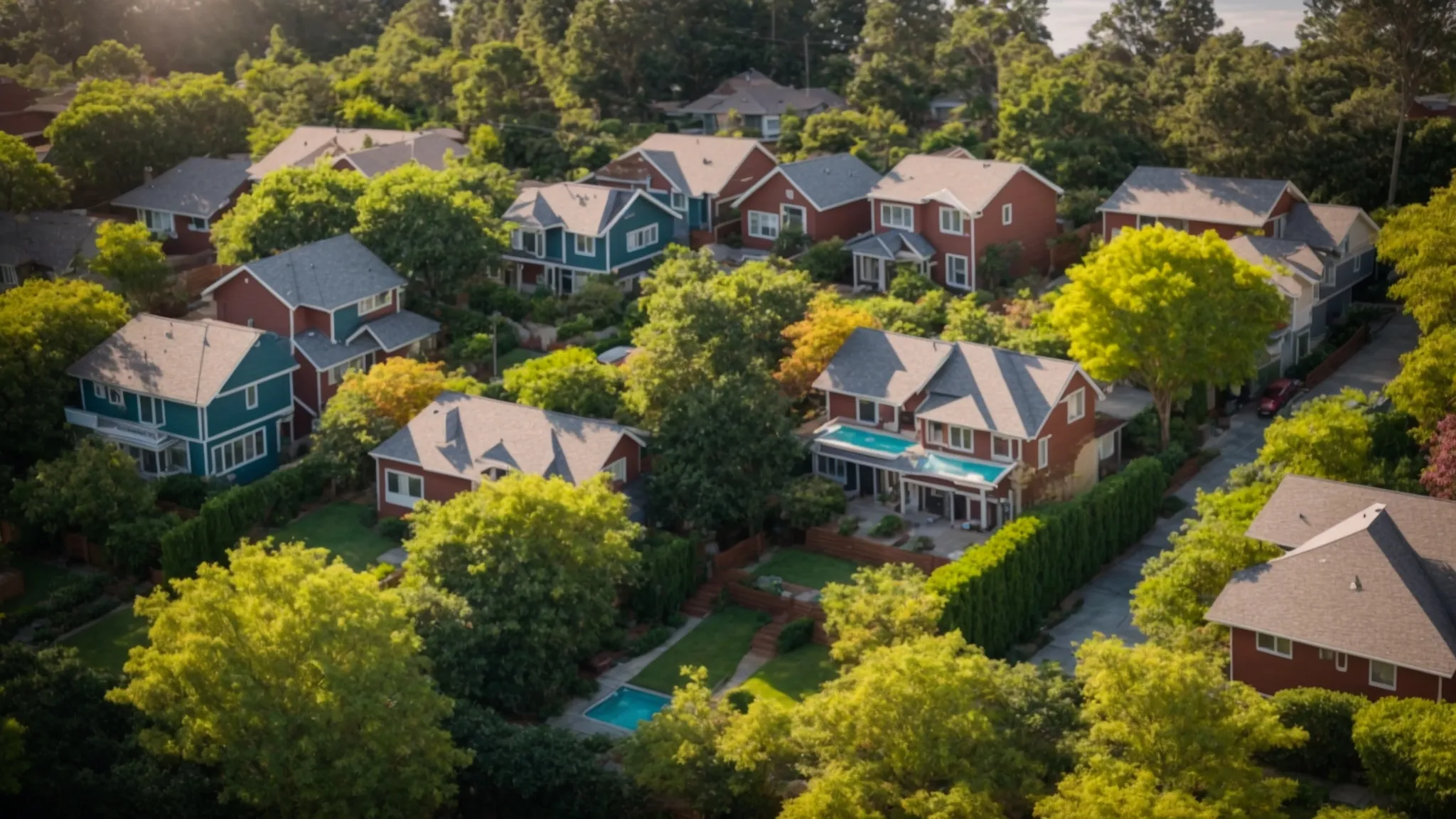 a vibrant neighborhood showcasing an array of beautifully styled homes for sale, bathed in warm afternoon sunlight and framed by lush greenery.