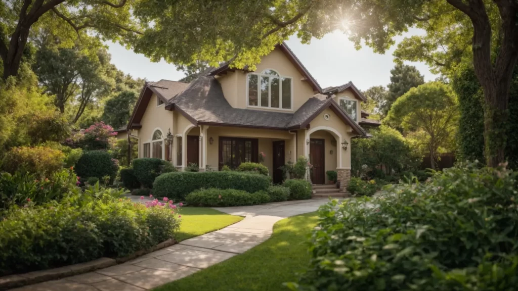 a vibrant suburban landscape showcases a charming house for sale, surrounded by lush greenery and inviting pathways, with eager prospective buyers exploring the neighborhood in bright daylight.