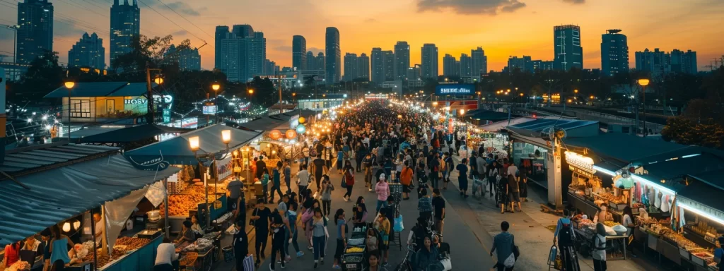 a vibrant urban marketplace bustling with life, featuring diverse vendors and shoppers engaging with local products, all set against the backdrop of a city skyline that reflects the dynamic adaptation of local economies to broader national trends.