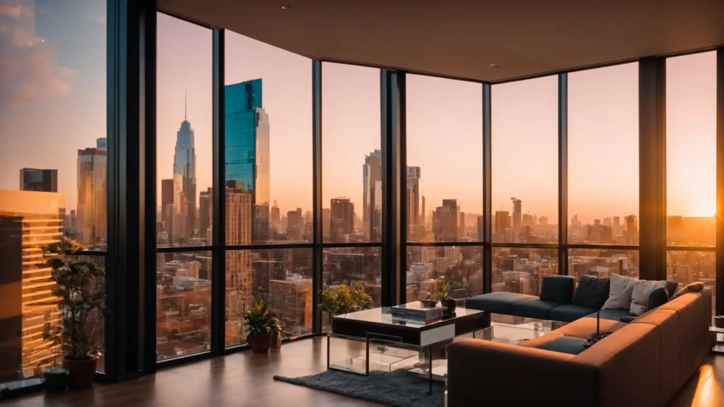 a vibrant urban skyline at sunset showcases a sleek real estate office, bustling with prospective buyers engaging with expert agents, as the warm glow highlights exclusive property listings displayed prominently in the windows.