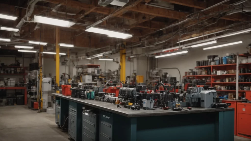 a vibrant, well-organized workspace highlights an array of essential drain cleaning tools, including augers and hydro jet equipment, all illuminated by bright, focused lighting to emphasize efficiency and safety in plumbing.