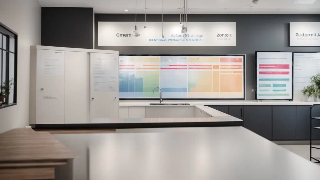 a visually inviting and brightly lit plumbing service office, showcasing a clear and neatly organized pricing chart on a sleek display, symbolizing transparency and professionalism in plumbing solutions.