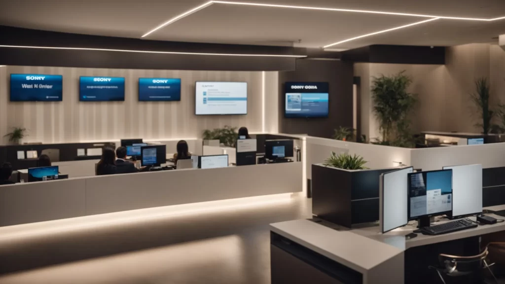 a visually striking scene of a modern, streamlined customer service center with sleek technology displays, showcasing a friendly representative assisting a satisfied client, all bathed in warm, inviting lighting that emphasizes a welcoming atmosphere for swift plumbing and heating booking.