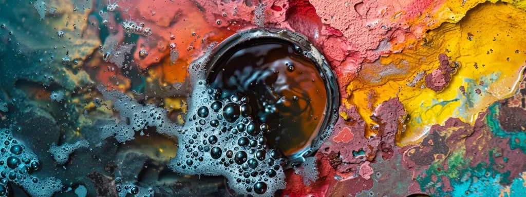 a vivid close-up of a clogged drain filled with a colorful mix of soap scum and hair, highlighted by dramatic lighting that accentuates the textures and colors of the debris within the metallic drain.