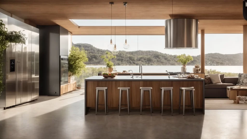 a warm, inviting kitchen setting features a sleek tankless water heater displayed prominently, surrounded by gleaming metal components and efficient exhaust systems, bathed in soft, natural light to emphasize a modern and practical home improvement atmosphere.