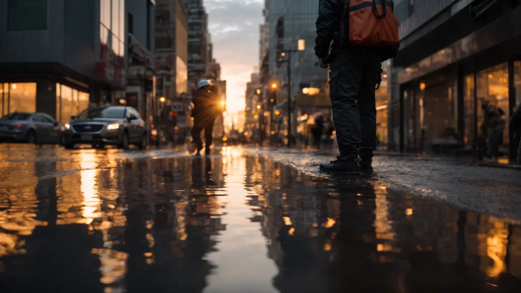 a water-drenched cityscape at dawn, highlighting a bustling plumber in action amidst vibrant reflections on pavement, symbolizing rapid response to plumbing emergencies.