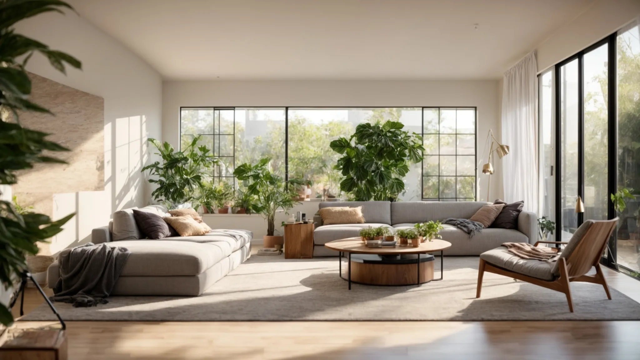 a welcoming, sunlit living room with modern decor and vibrant plants, exuding a sense of comfort and potential for homebuyers exploring their dream space.