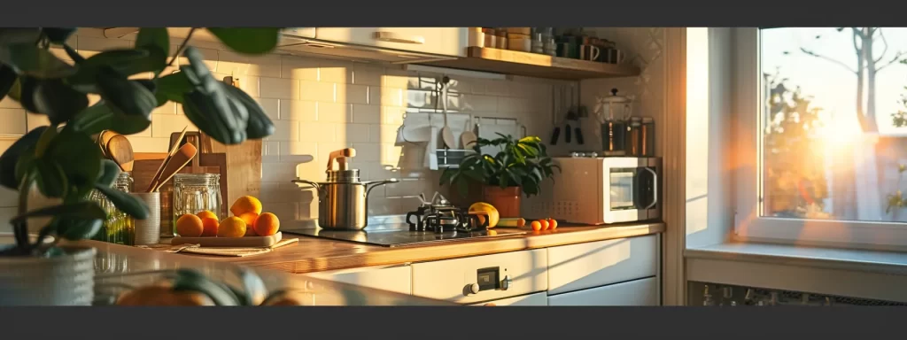 a well-organized home interior, showcasing a neat kitchen with a shining appliance, illuminated by natural light, symbolizing the ease and efficiency of managing appliance repair appointments.