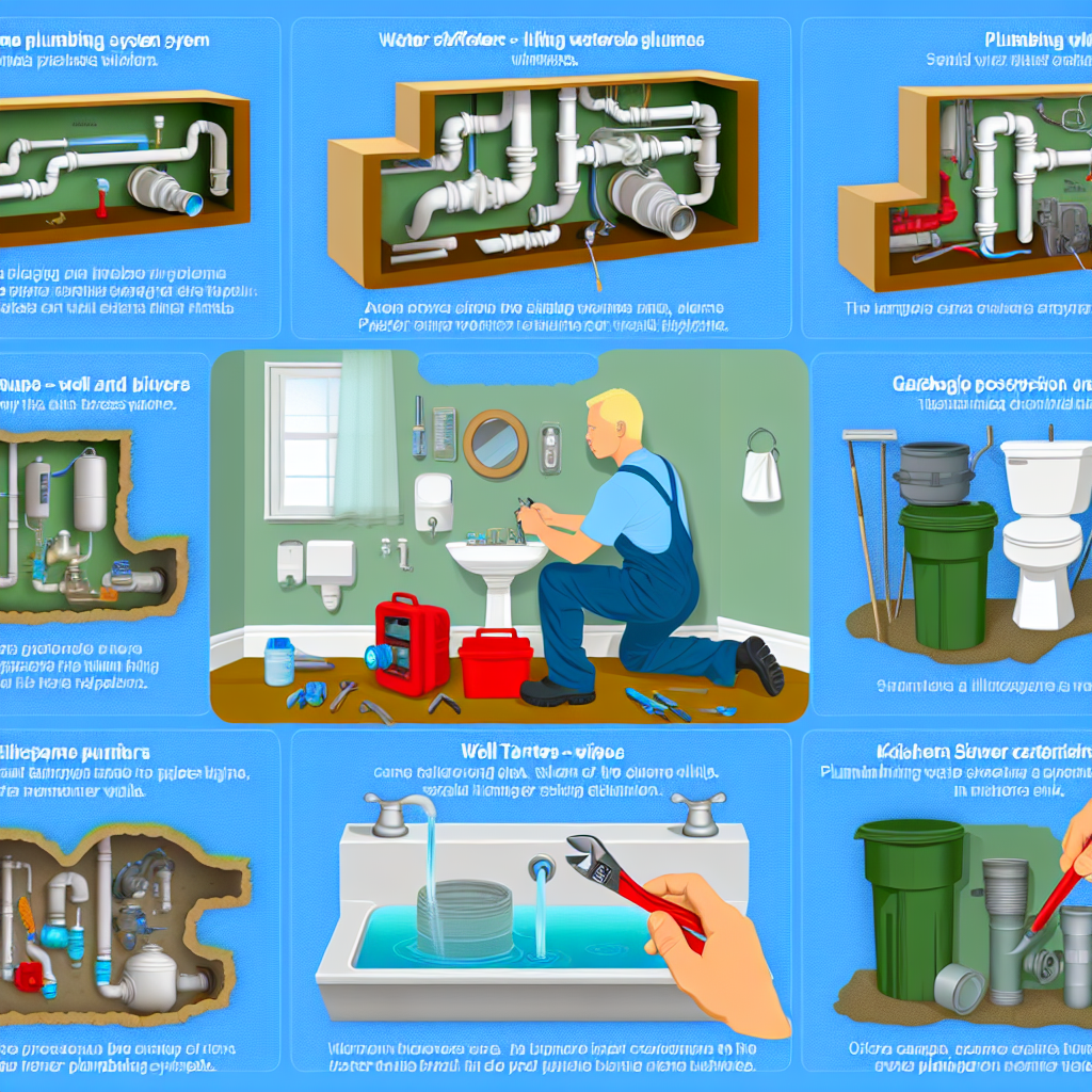 Plumbing system illustration featuring a plumber working on a toilet installation, tools and equipment visible, showcasing plumbing components and maintenance tasks relevant to hiring and licensing guidance.