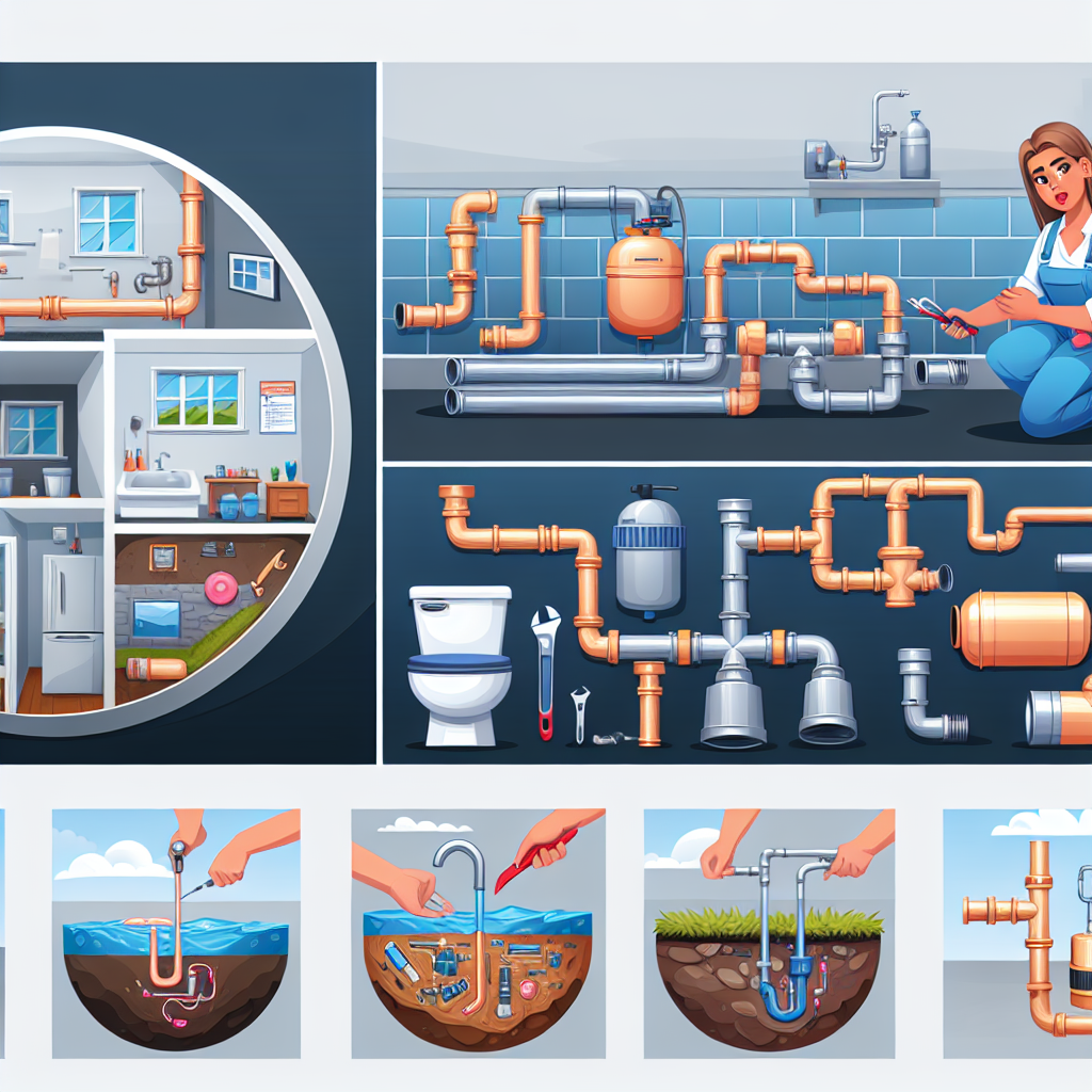 Illustration of plumbing systems, featuring a woman inspecting pipes, detailed plumbing layout in a home, tools, and various plumbing components, emphasizing the importance of professional plumbing work and maintenance.