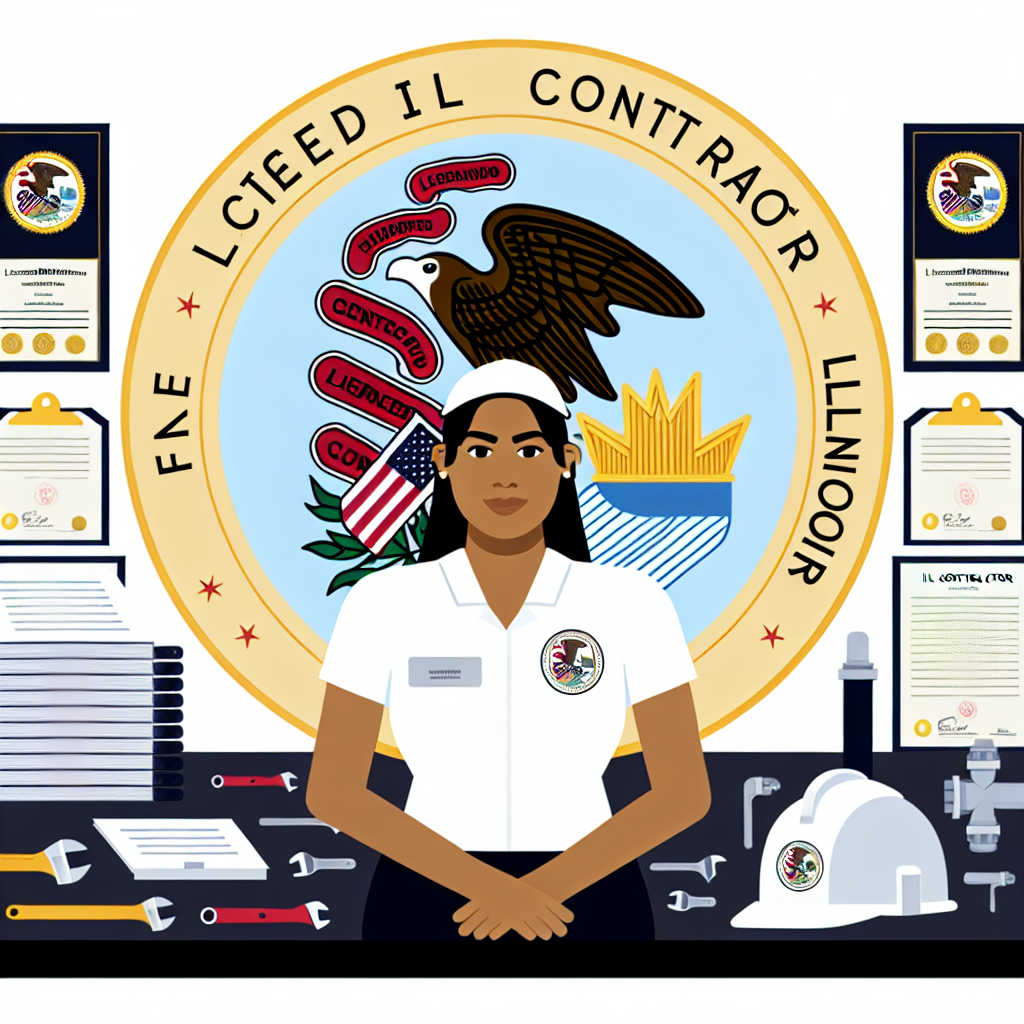 Illustration of a female plumbing contractor in a white uniform with a badge, standing confidently in front of the Illinois state seal, surrounded by plumbing tools, certificates, and a hard hat, symbolizing licensed plumbing services and professional credibility in Illinois.