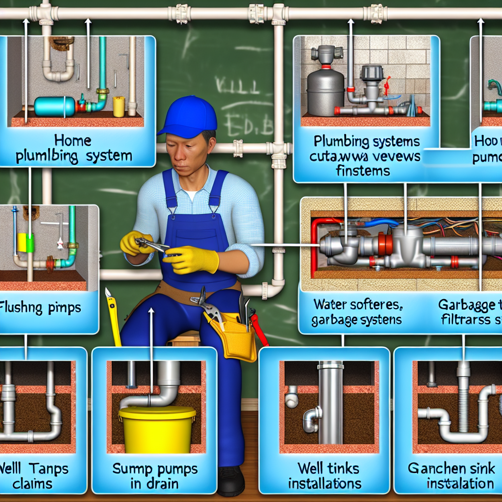 Plumber working on home plumbing systems with tools, featuring labeled plumbing components like sump pumps, water softeners, and installation guides, illustrating expert plumbing services relevant to RC Szabo Plumbing.
