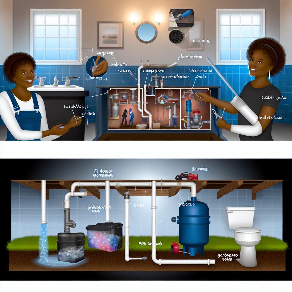 Illustration of plumbing systems featuring a plumber examining pipes, tools, and components in a bathroom setting, highlighting essential plumbing elements and maintenance processes relevant to choosing a plumbing contractor.