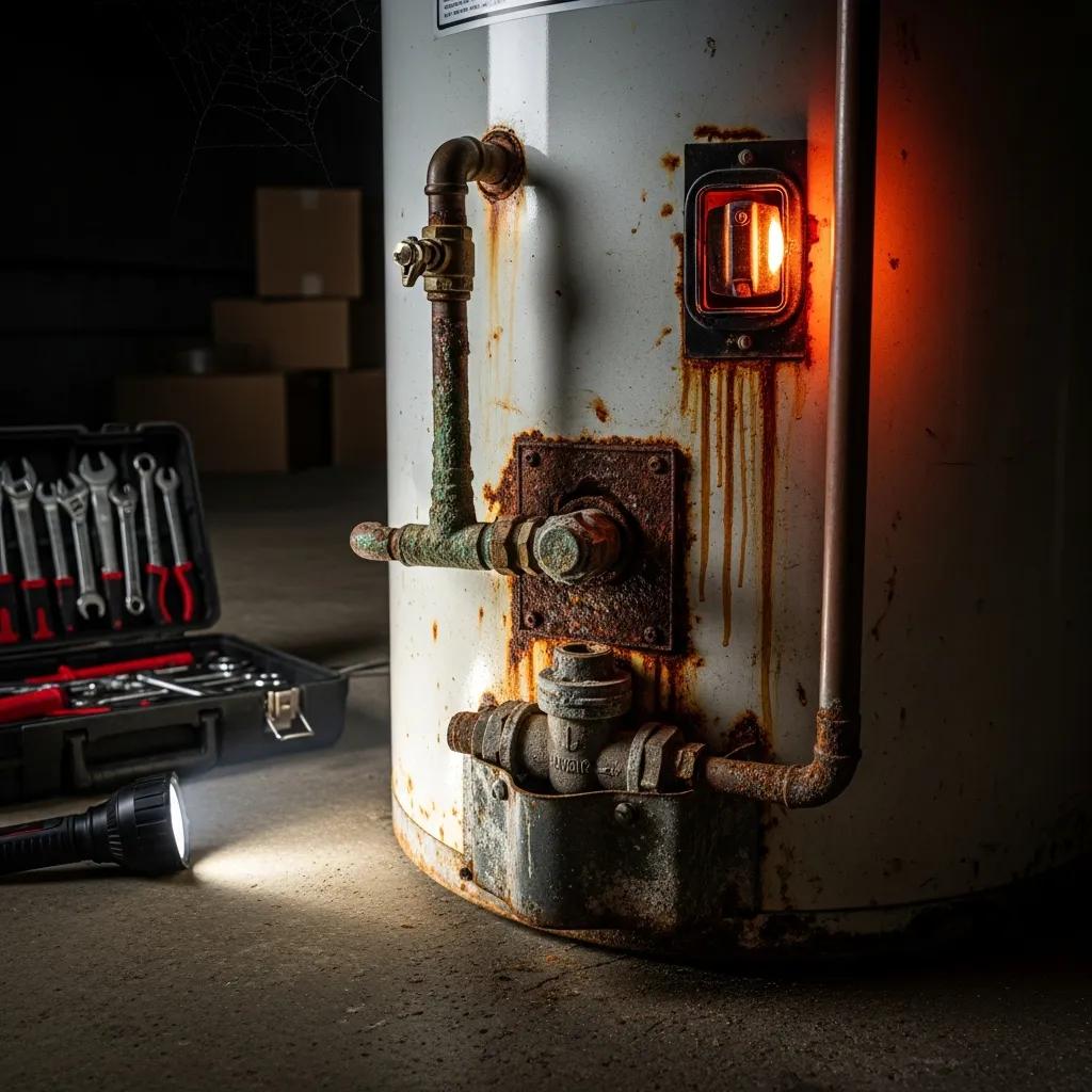 Close-up of a corroded water heater indicating emergency signs