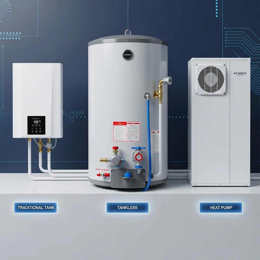 Comparison of traditional tank, tankless, and heat pump water heaters in a modern setting