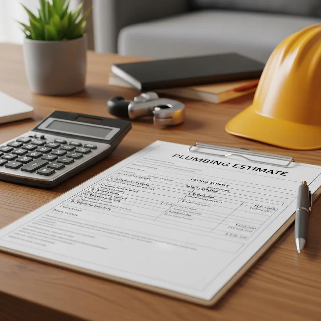Detailed plumbing estimate document with calculator, symbolizing transparent pricing and customer trust