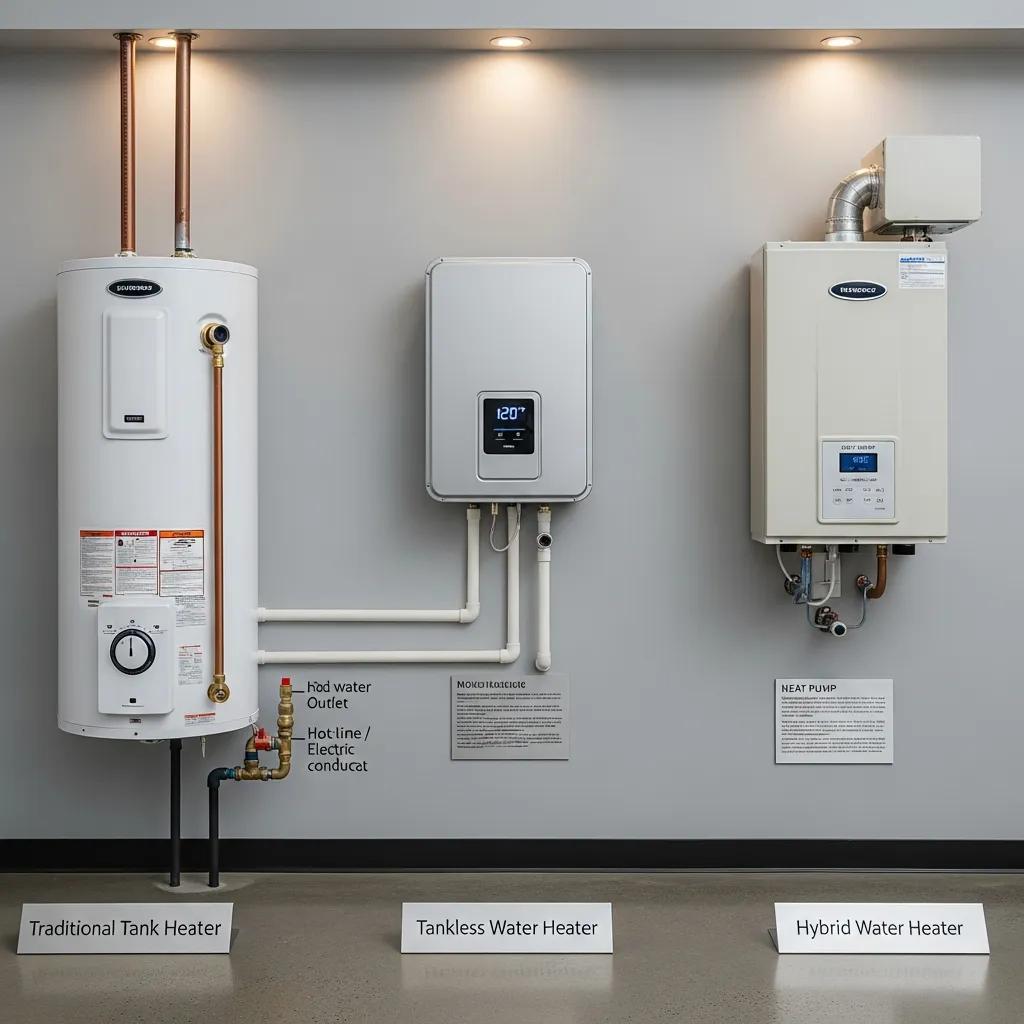 Display of various water heater types including traditional tank, tankless, and hybrid models, illustrating installation options