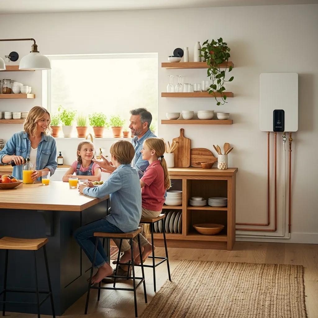 Family discussing home comfort with a modern water heater installation in a cozy kitchen