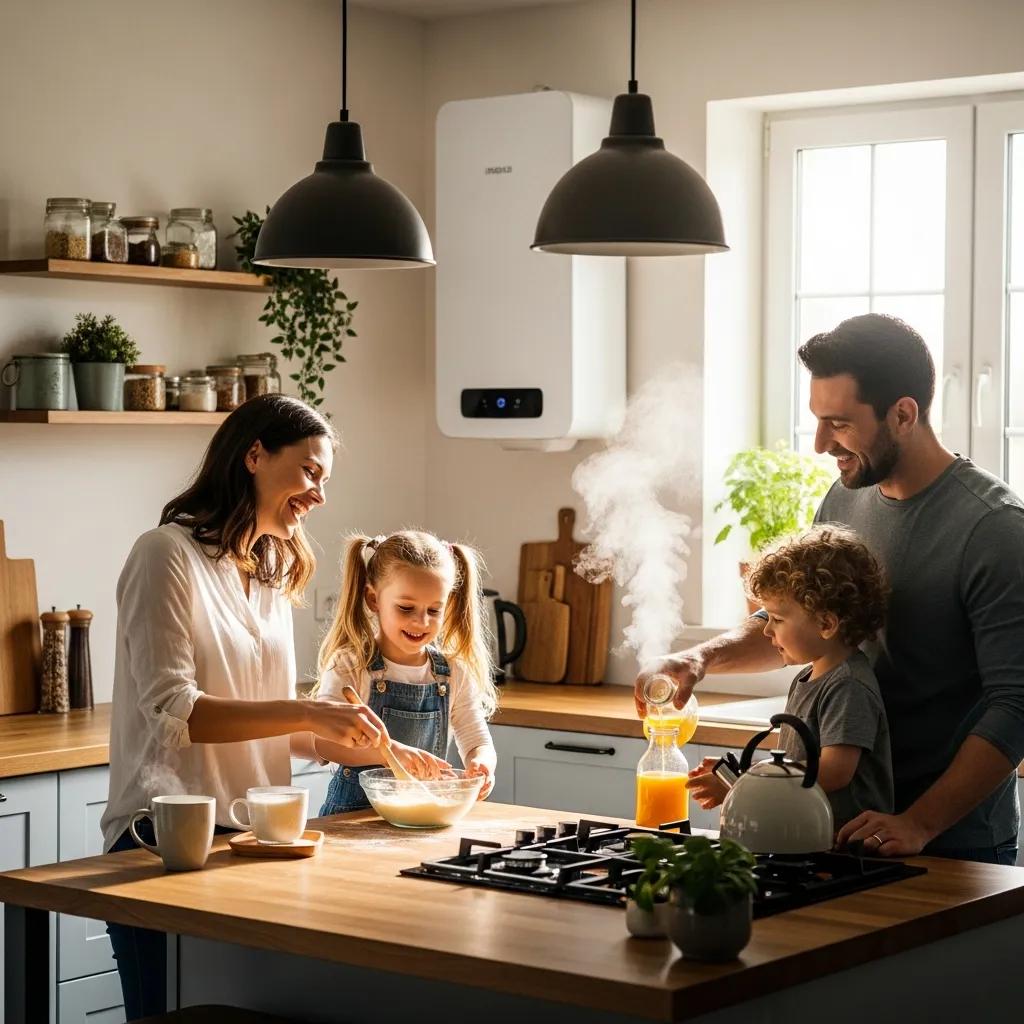 Family enjoying a cozy kitchen with a modern water heater in the background
