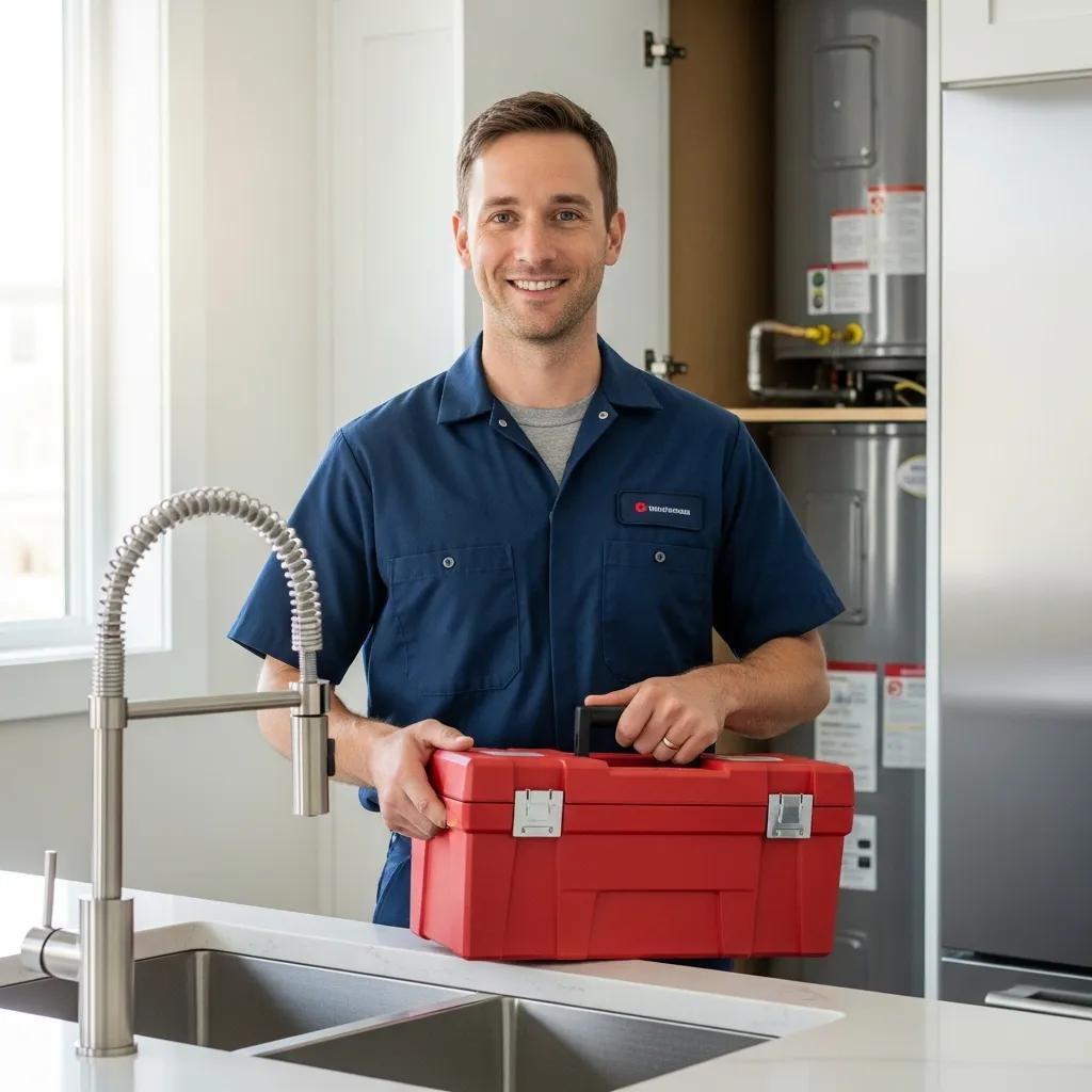Friendly plumber in a kitchen with tools, representing trust and professionalism in plumbing services