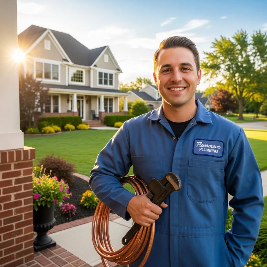 Friendly plumber in Flossmoor neighborhood with tools, representing service quality and customer satisfaction