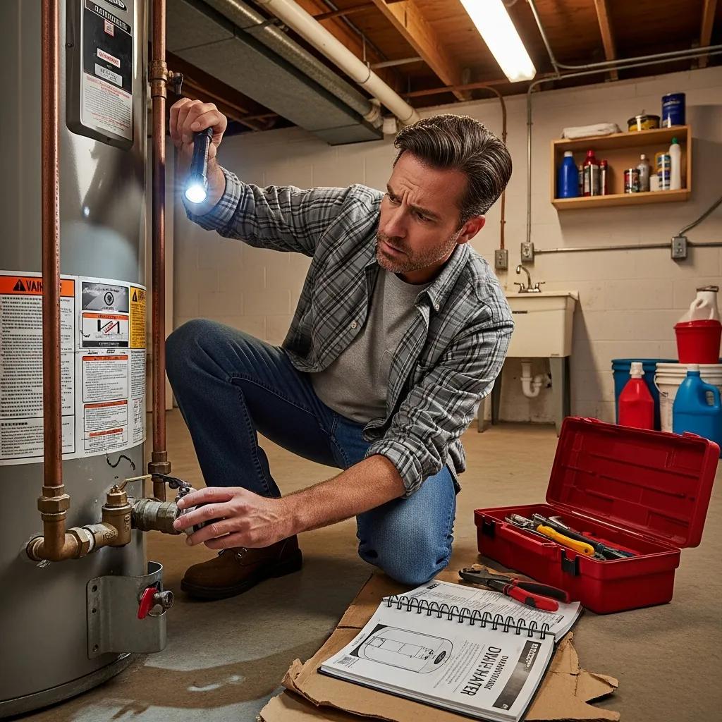 Homeowner inspecting a water heater for troubleshooting, highlighting practical DIY efforts