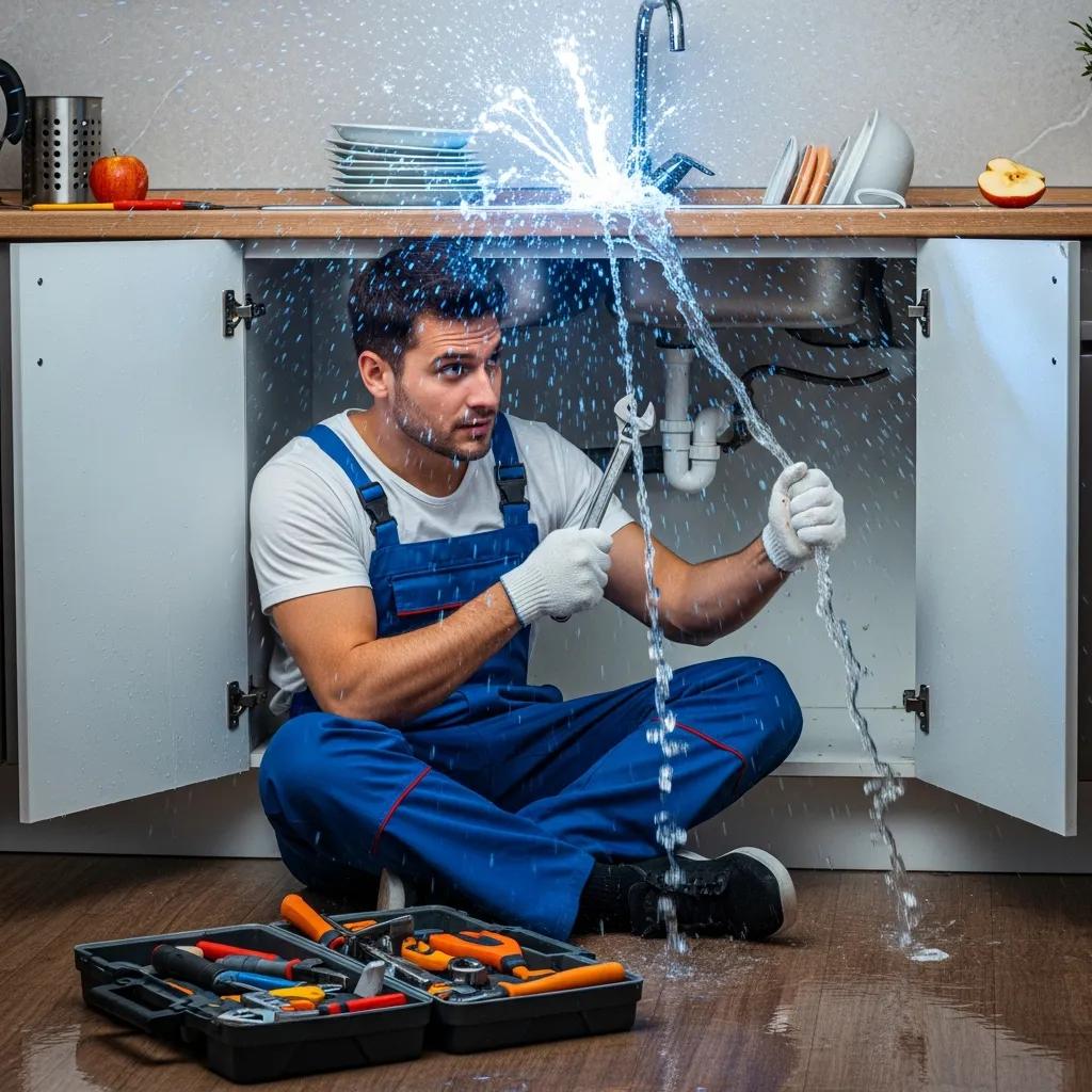 Plumber responding to a burst pipe emergency, highlighting urgent plumbing services and quick response